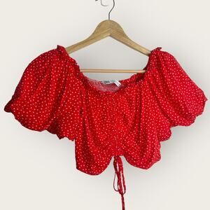 Zara Red Polka Dot Crop Top | XS | Red White Ruched Drawstring Front Festival